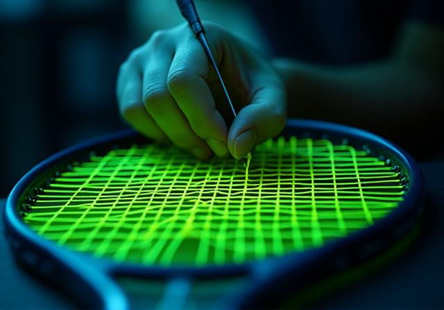 Professionista del tennis che incorda una racchetta