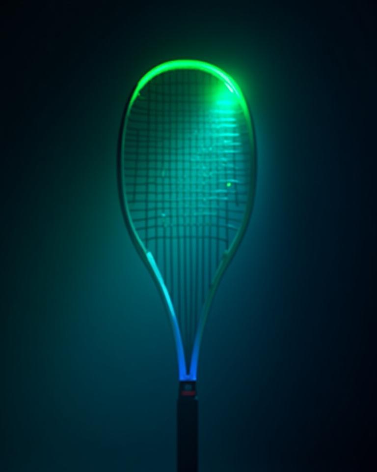 Dettaglio artistico di una racchetta da tennis professionale con corde in tensione e illuminazione neon verde